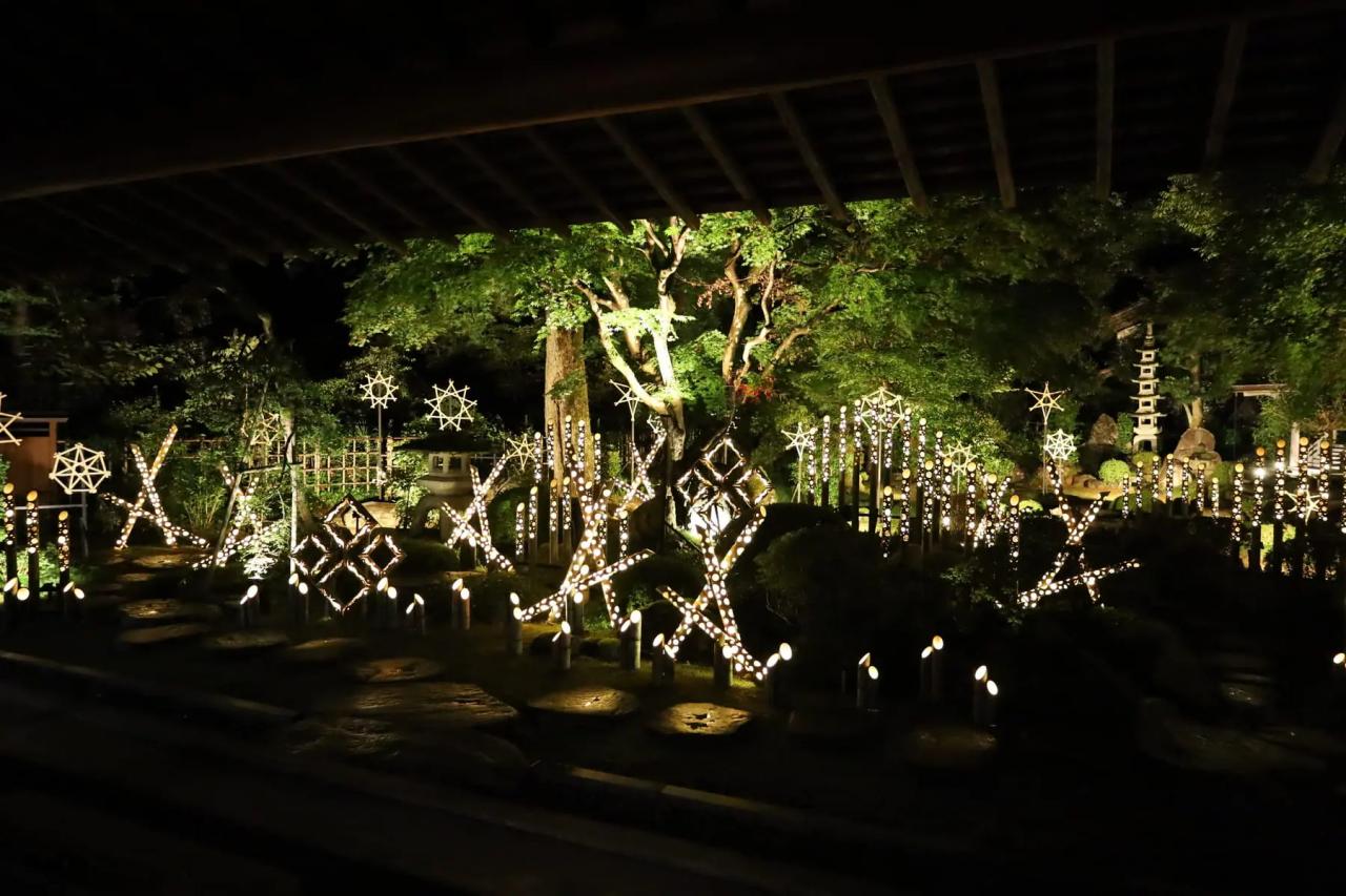 竹あかり作品が設置された夜の庭園