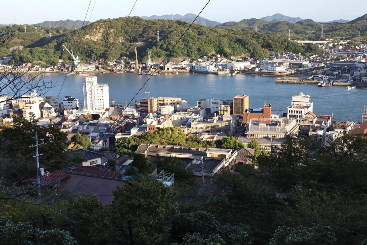 坂の上から見下ろす街並みと尾道水道の風景
