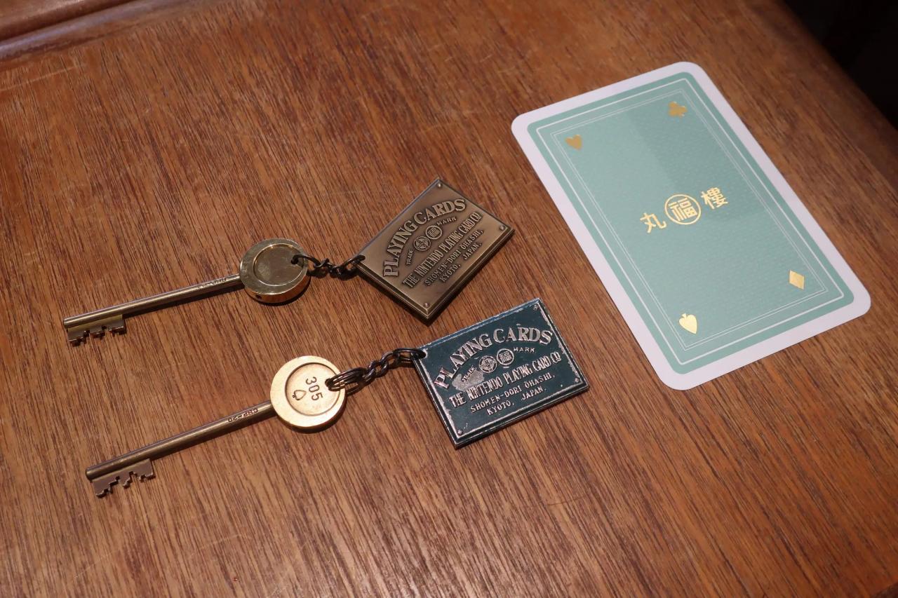 客室のカギ。エントランスに掲げられた社名のプレートがキーホルダーになっている