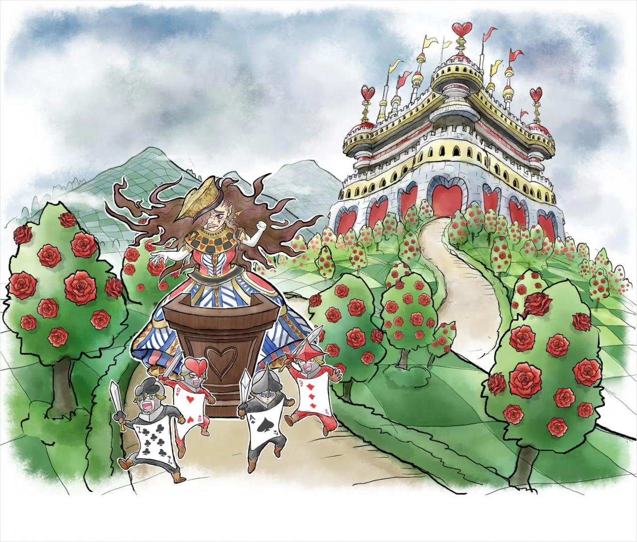 「不思議の国のアリス」に登場する女王の城と庭、女王とトランプ兵のイラスト